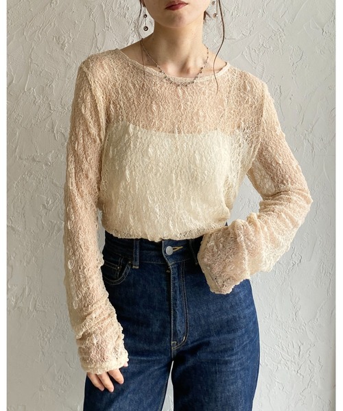 She's Closet tシャツ 長袖 クルーネック 透かし編み シアー レース