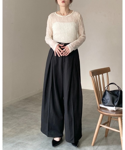 She's Closet tシャツ 長袖 クルーネック 透かし編み シアー レース