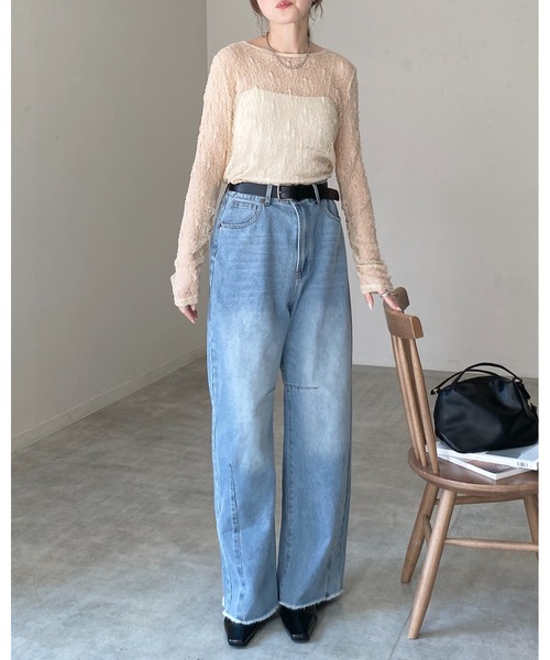 She's Closet tシャツ 長袖 クルーネック 透かし編み シアー レース