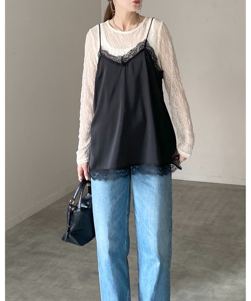 She's Closet tシャツ 長袖 クルーネック 透かし編み シアー レース