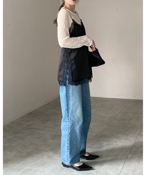 She's Closet tシャツ 長袖 クルーネック 透かし編み シアー レース