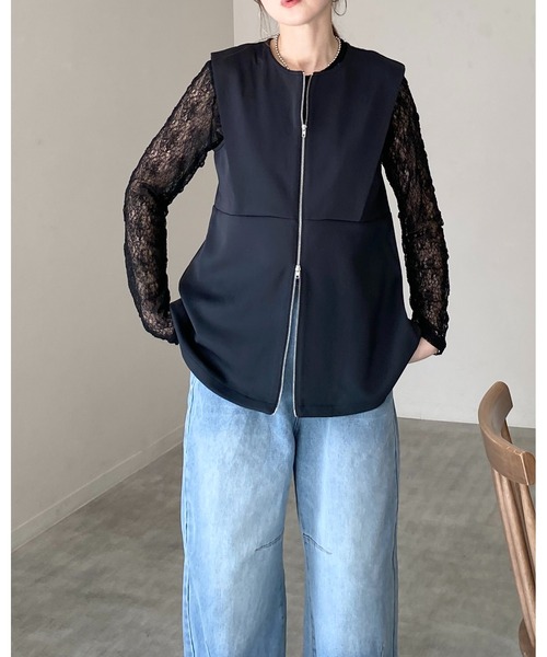 She's Closet tシャツ 長袖 クルーネック 透かし編み シアー レース