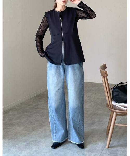 She's Closet tシャツ 長袖 クルーネック 透かし編み シアー レース