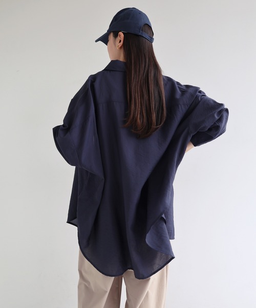 evernavy ブラウス シャツ ダブルポケットオーバーサイズ長袖シアー
