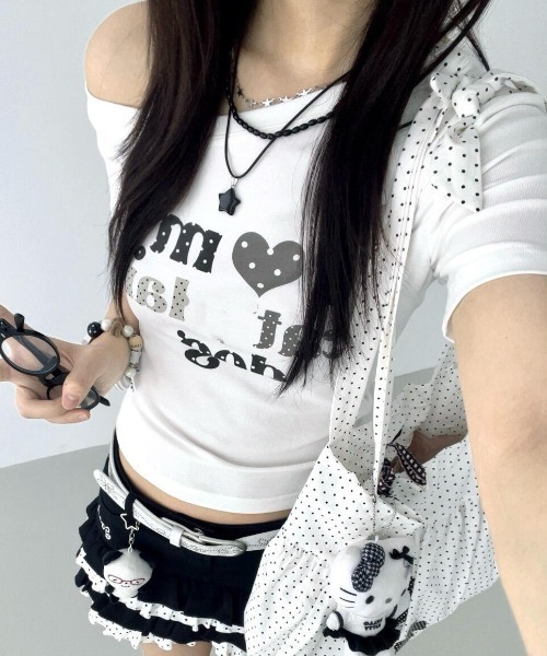 tシャツ 半袖 Y2K ドットハート柄グラフィックワンショルダー半袖T