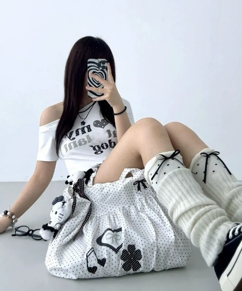 tシャツ 半袖 Y2K ドットハート柄グラフィックワンショルダー半袖T