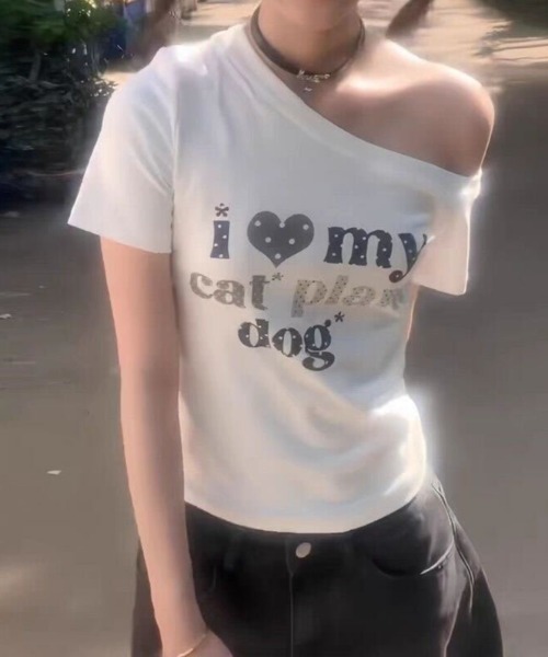 tシャツ 半袖 Y2K ドットハート柄グラフィックワンショルダー半袖T