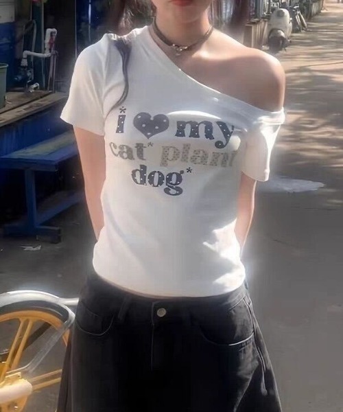 tシャツ 半袖 Y2K ドットハート柄グラフィックワンショルダー半袖T