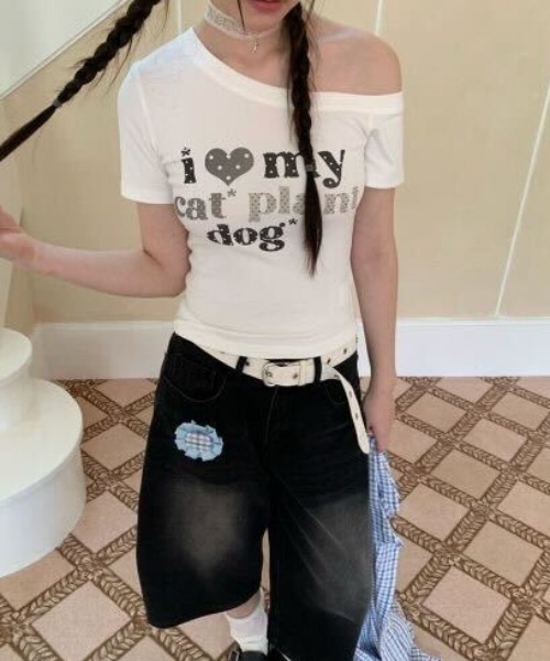 tシャツ 半袖 Y2K ドットハート柄グラフィックワンショルダー半袖T