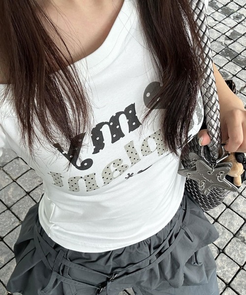 tシャツ 半袖 Y2K ドットハート柄グラフィックワンショルダー半袖T