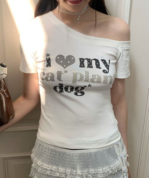 tシャツ 半袖 Y2K ドットハート柄グラフィックワンショルダー半袖T