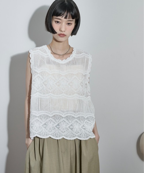 THE Yon トーションレース刺繍ノースリブラウス レディース : ZOZOTOWN