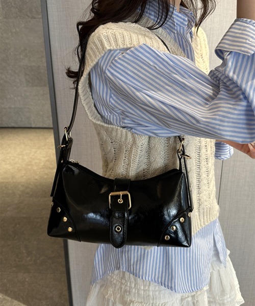ショルダーバッグ バッグ フェイクレザー スタッズ ハーフムーンバッグ