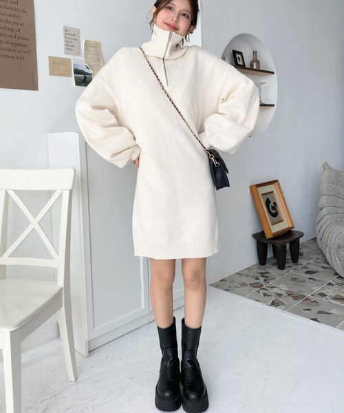 新品ハーフZIPロングワンピース☆カットソーワンピース IEDIT[イディット] WOODSコラボ ナイロン遣いの裏起毛カットソーハーフ