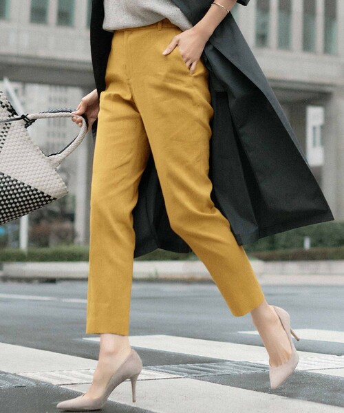 パンツ 「洗える」リネンレーヨンストレッチ テーパードパンツ
