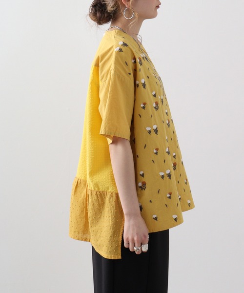 Emago ブラウス シャツ EMAGO 配色切替え刺繍ブラウス
