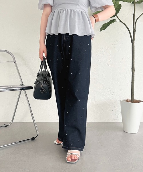 DT♪ DINDA ラインストーン付きストレートジーンズ 関税込 apres jour ジーンズ デニム デニムパンツ ハイウエストライン