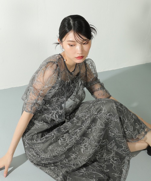 Kana / シャーリングスリーブ オケージョンドレス /スモークピンク /L Kana ドレス シャーリングスリーブ 総レース フェミニン