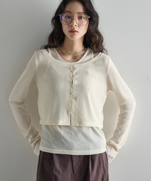 THE Yon tシャツ シアーリブカーディガン×タンクアンサンブル