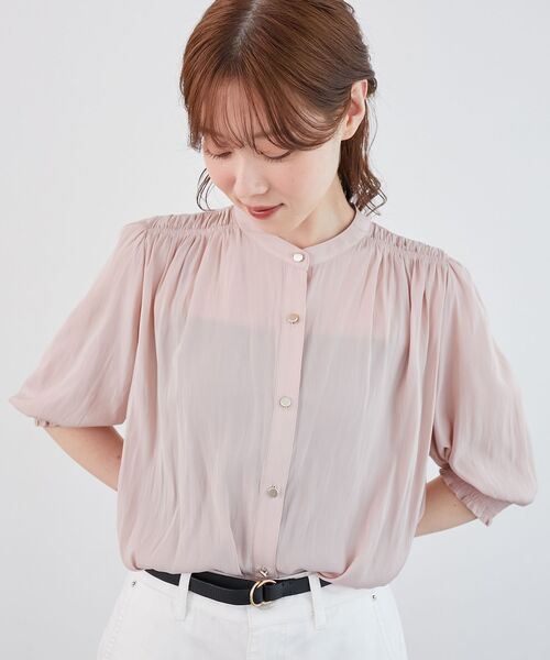 ブラウス シャツ パウダーサテン袖シャーリングブラウス レディース le.coeur blanc ブラウス シャツ パウダーサテン袖シャーリング