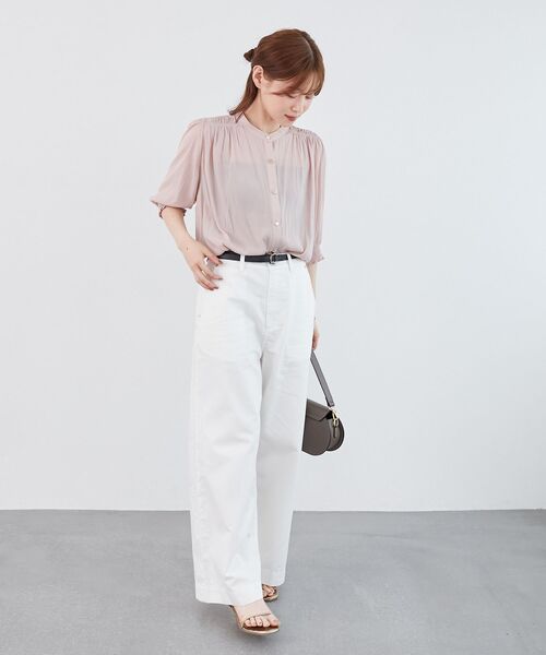 ブラウス シャツ パウダーサテンシャーリングブラウス レディース le.coeur blanc ブラウス シャツ パウダーサテン袖シャーリング