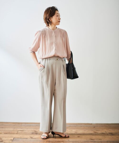 ブラウス シャツ パウダーサテン袖シャーリングブラウス レディース le.coeur blanc ブラウス シャツ パウダーサテン袖シャーリング