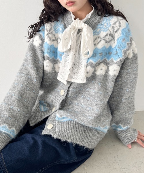 depound 冬の風景柄 ニットカーディガン フリーサイズ セール】【mily bilet】冬の定番でアレンジ万能♪ノルディック柄ダブル