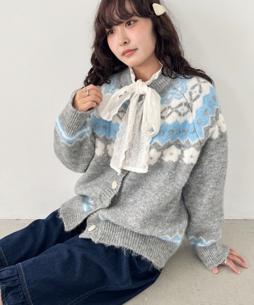 SOLLON.（ソルロン） カーディガン フラワーノルディック柄ニット