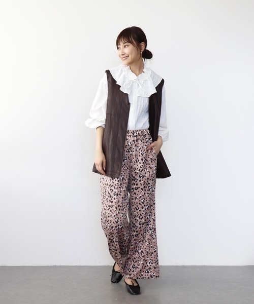 Jines（ジネス） ワイドパンツ パンツ レオパード柄ストレッチサテン