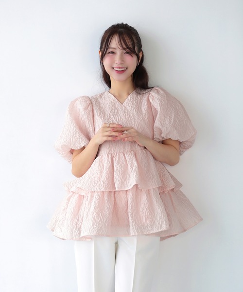 シアージャガード カシュクール風ペプラムトップス レディースの画像