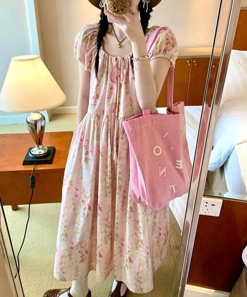 LUCPY ワンピース 半袖 ヴィンテージフラワーパフスリーブワンピース 