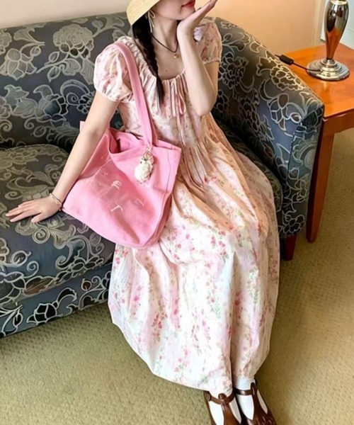 LUCPY ワンピース 半袖 ヴィンテージフラワーパフスリーブワンピース 