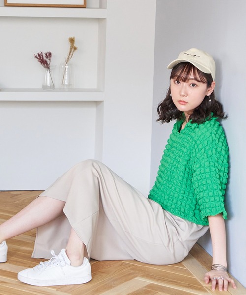 ブラウス シャツ ポップコーン素材スキッパー5分袖ブラウス レディース STYLEBLOCK ブラウス シャツ ポップコーン素材スキッパー5分袖