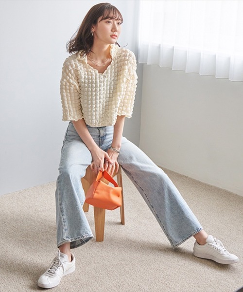 ブラウス シャツ ポップコーン素材スキッパー5分袖ブラウス レディース STYLEBLOCK ブラウス シャツ ポップコーン素材スキッパー5分袖