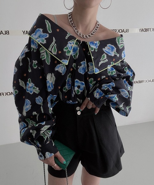 BENDER TOKYO ブラウス シャツ ビッグカラー 花柄 パフスリーブ 前後