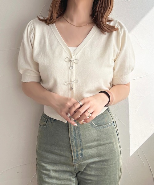Rene リボン ビジュー ジップアップ カーディガン ベージュ 36 Rene リボン ビジュー ジップアップ カーディガン ベージュ 36
