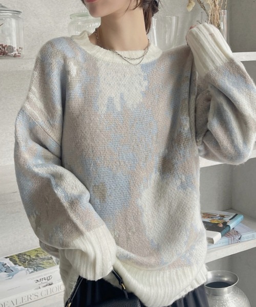 Eclat one ニット セーター 水彩タッチ フラワー シャギーニット