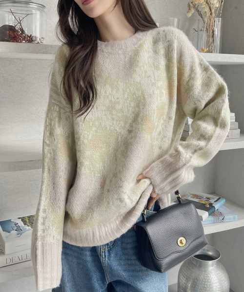 Eclat one ニット セーター 水彩タッチ フラワー シャギーニット