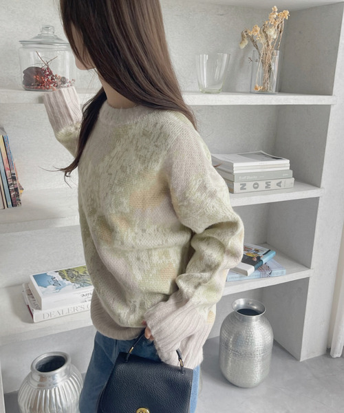 Eclat one ニット セーター 水彩タッチ フラワー シャギーニット