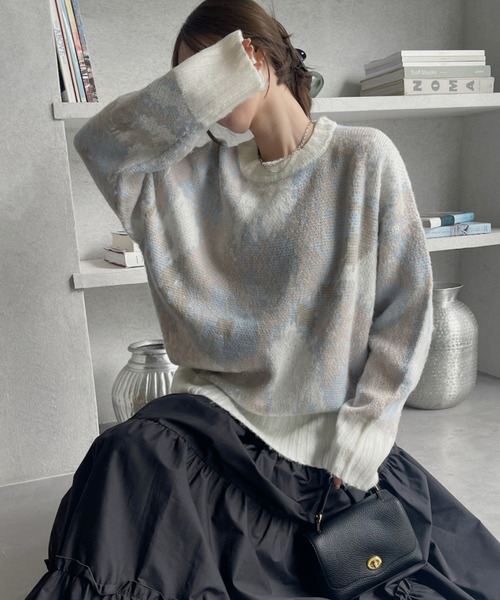 Eclat one ニット セーター 水彩タッチ フラワー シャギーニット
