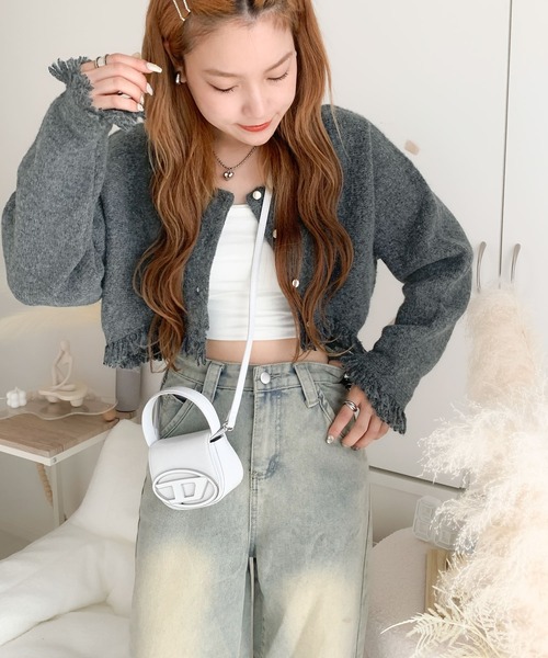 cham様　白♡リブニット×キルティングパーカー＆ミニスカート上下２点セット mily bilet カーディガン 「mily bilet」着回し無限な主役ニット