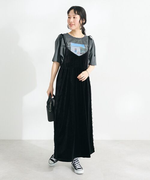 【タグ付き未使用】レジャ　ワンピース　ベロア　レース　リボン付き　フリーサイズ CRAFT STANDARD BOUTIQUE ワンピース ベロアレース付きキャミ