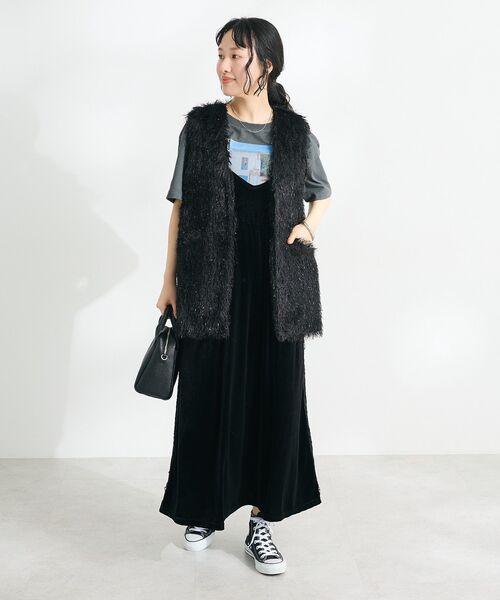 【タグ付き未使用】レジャ　ワンピース　ベロア　レース　リボン付き　フリーサイズ CRAFT STANDARD BOUTIQUE ワンピース ベロアレース付きキャミ