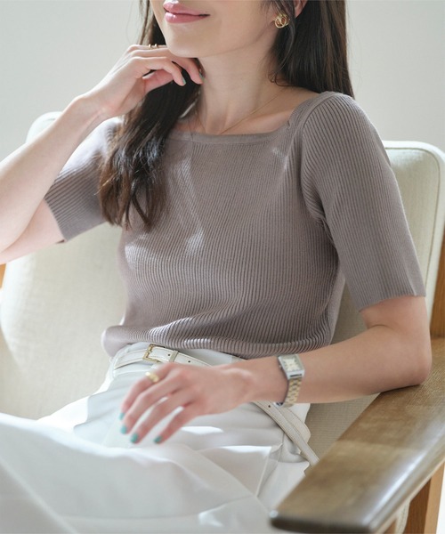美品✨Rene 2023年 ロゴ刺繍 リブニットトップス 36 ネイビー系 半袖 KOBE LETTUCE（神戸レタス） サマーニット ニット セーター 選べる