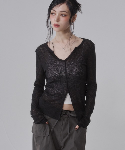 ENVYM（アンビー） tシャツ キーネック スラブ シアー スリット
