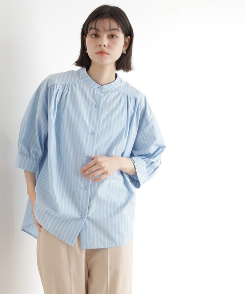 THE SHOP TK ブラウス シャツ 「体型カバー」6分袖バックシャーリング