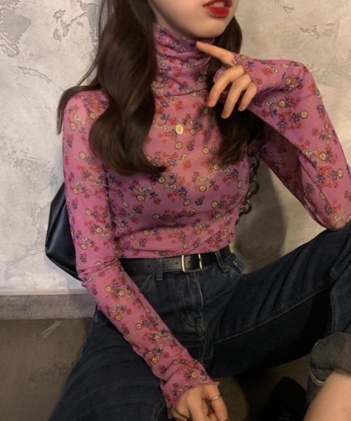 soor ploom 花柄 ハイネック Tシャツ 2y meadow CELENA BEATS tシャツ 小花柄 ハイネック メローシアーカットソー 総柄