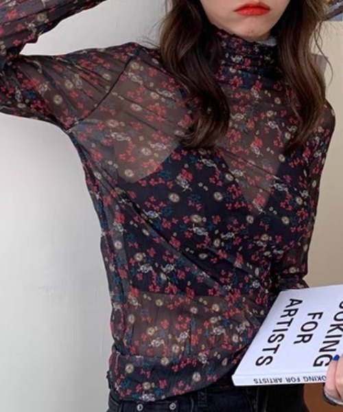 CELENA BEATS tシャツ 小花柄 ハイネック メローシアーカットソー 総柄