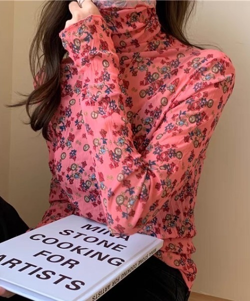 CELENA BEATS tシャツ 小花柄 ハイネック メローシアーカットソー 総柄