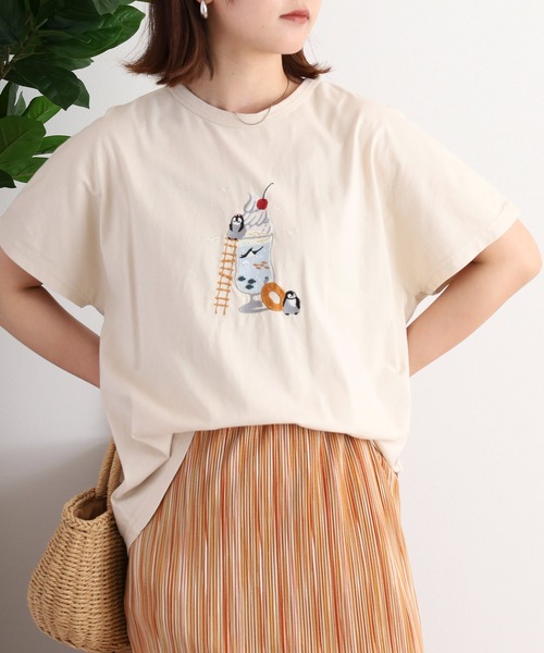 tシャツ EMAGO ボトルシップ刺繍5分袖Tシャツ レディース Emago tシャツ EMAGO ボトルシップ刺繍5分袖Tシャツ レディース